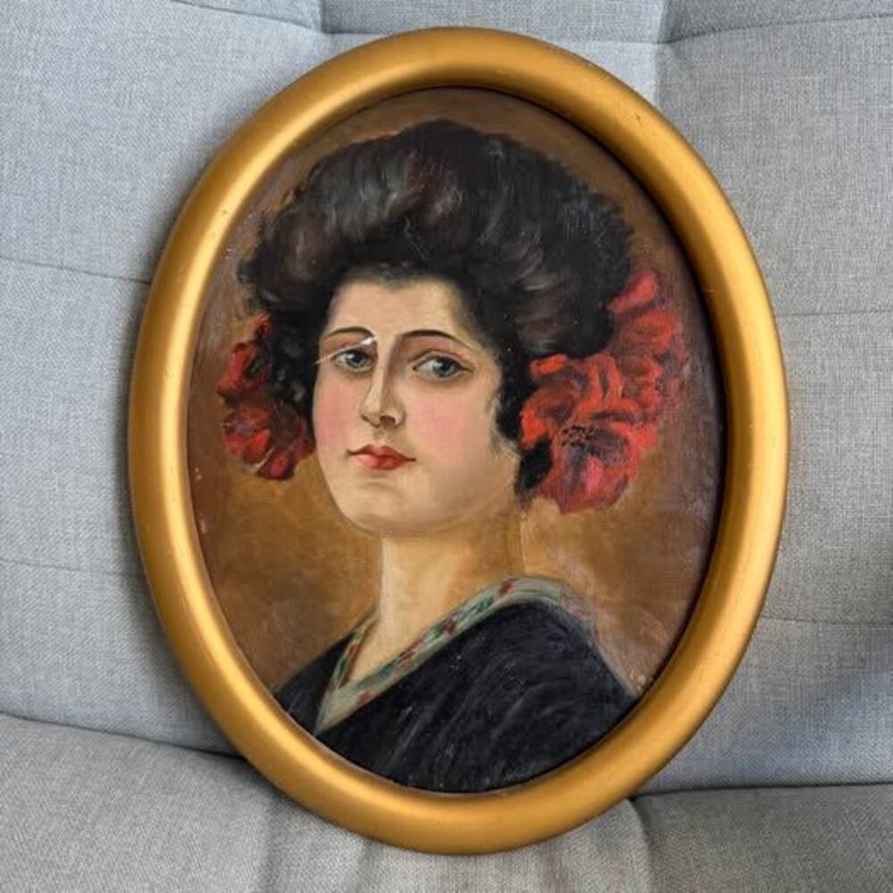 Antique Oil Portrait Painting – Framed Oval Gibson Girl with Red Flowers